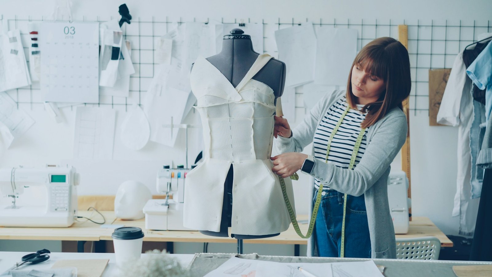 Fashion designer fitting a garment on a dress form