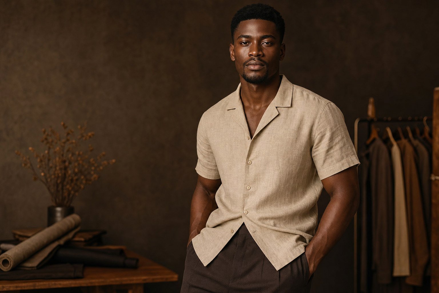 Man wearing elevated casual linen clothing