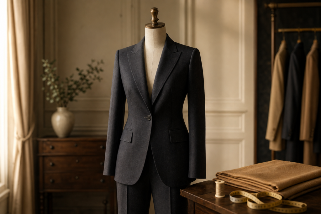 Charcoal tailored suit displayed in a private atelier