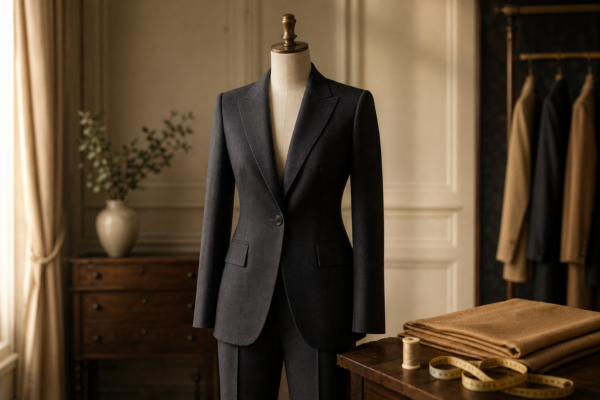 Charcoal tailored suit displayed in a private atelier