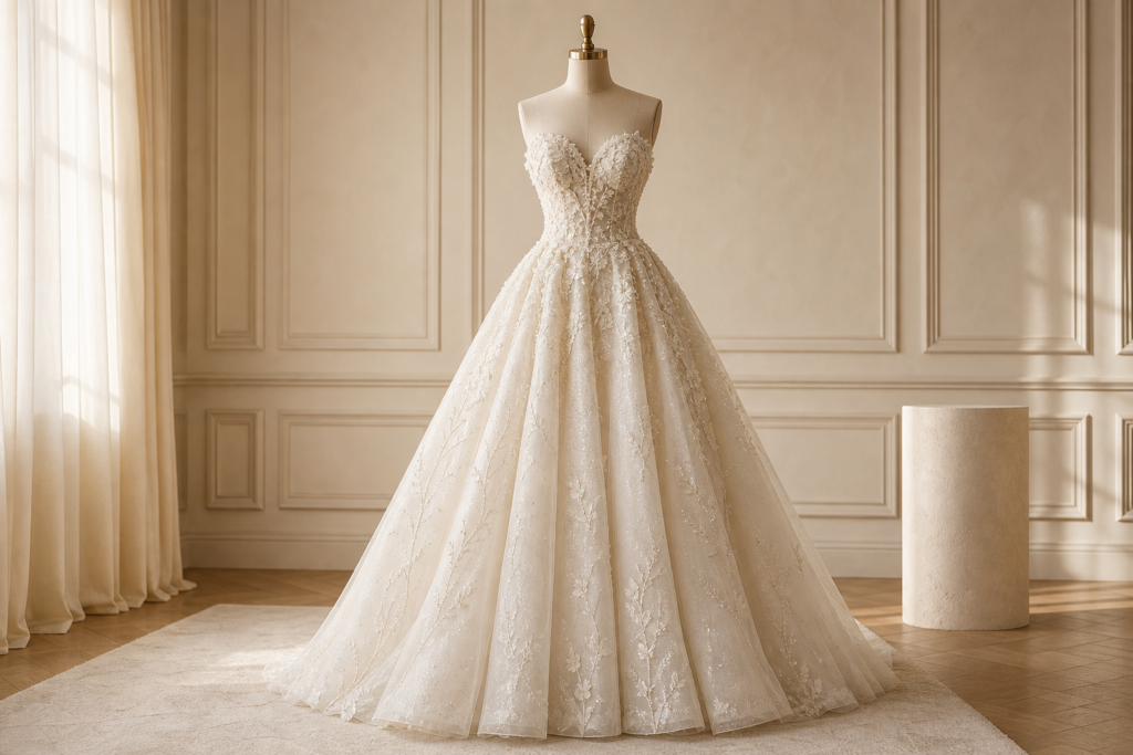 Embroidered ivory bridal gown displayed in a fitting salon