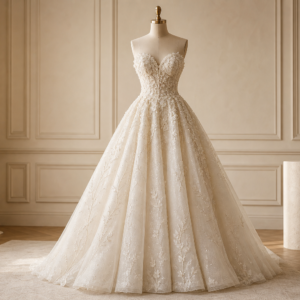 Embroidered ivory bridal gown displayed in a fitting salon