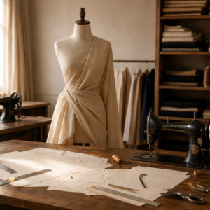 Fashion training atelier with sewing machines and pattern-making tools