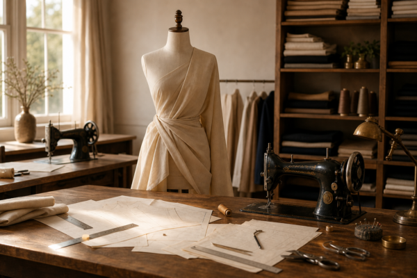 Fashion training atelier with sewing machines and pattern-making tools