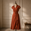 Rust wrap dress displayed in a luxury fashion atelier