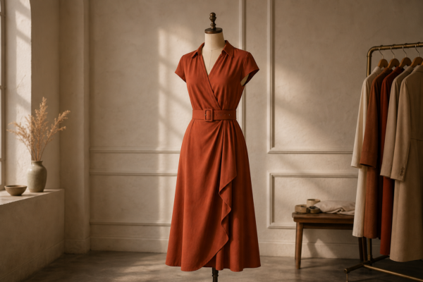 Rust wrap dress displayed in a luxury fashion atelier