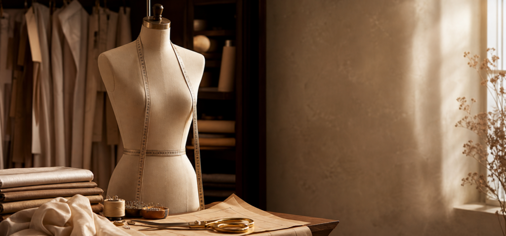 Dress form with measuring tape and bespoke tailoring tools