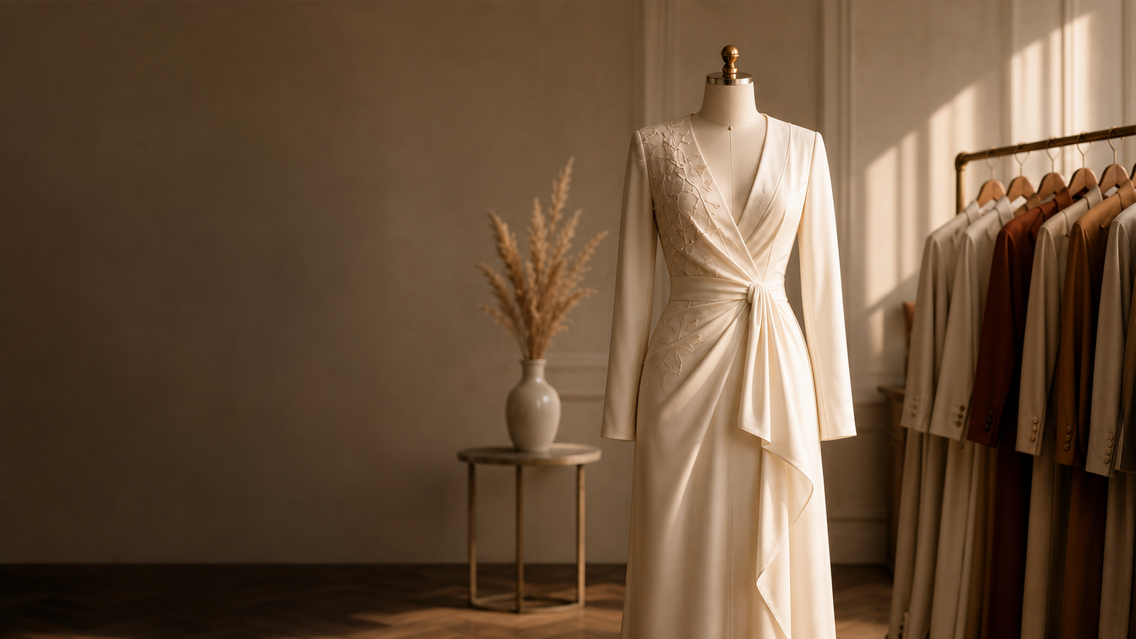 Ivory wrap dress displayed in a luxury tailoring atelier